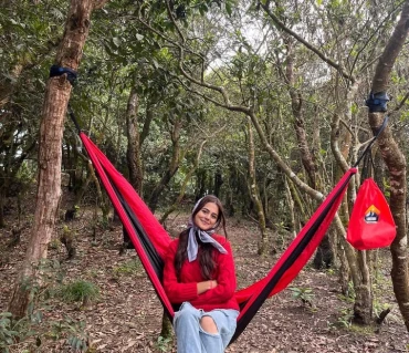 Bibika enjoying Langtang Gear hammock in nature Nepal